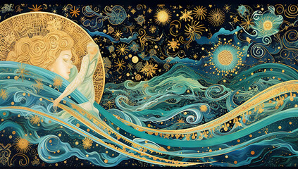 Zodiac sign Aquarius Horoscope and astrology background Generative AI