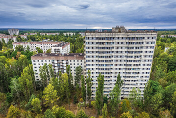 Naklejka premium View from the roof of 16-stored apartment building in Pripyat abandoned city in Chernobyl Exclusion Zone, Ukraine