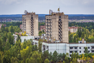 Aerial view of Pripyat abandoned city in Chernobyl Exclusion Zone, Ukraine