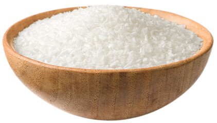 Shredded coconut in the wooden bowl, isolated on the white background.
