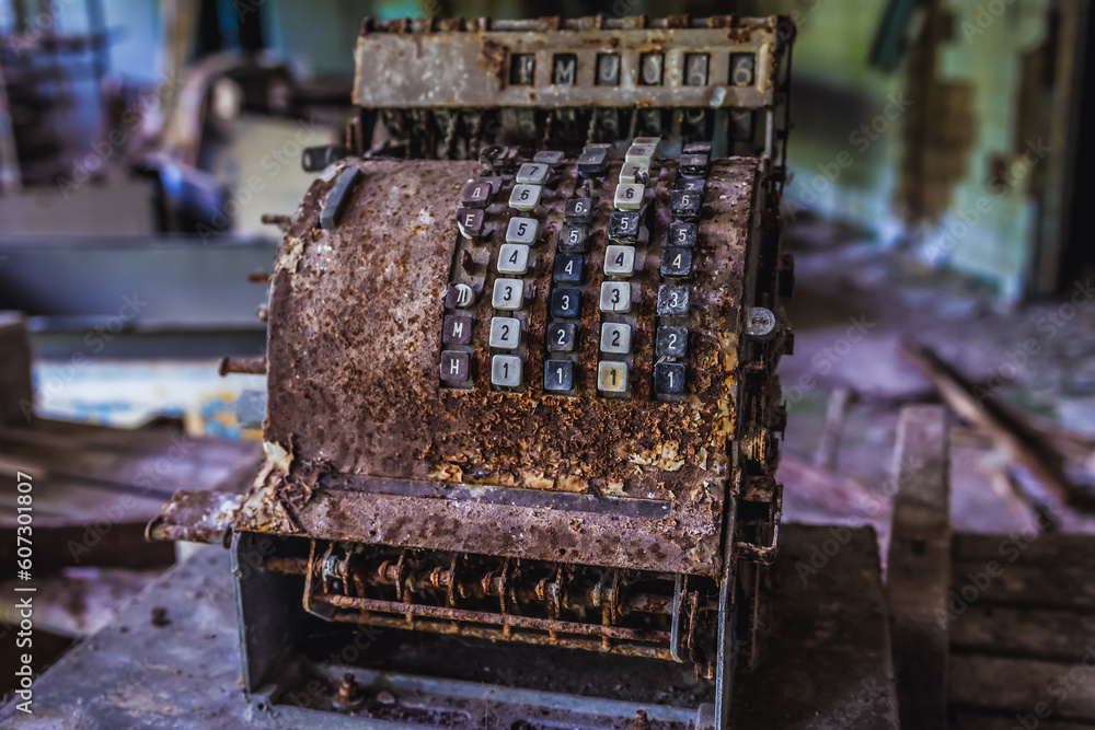 Wall mural Old cash register in 2nd high school in Pripyat abandoned city, Chernobyl Exclusion Zone in Ukraine