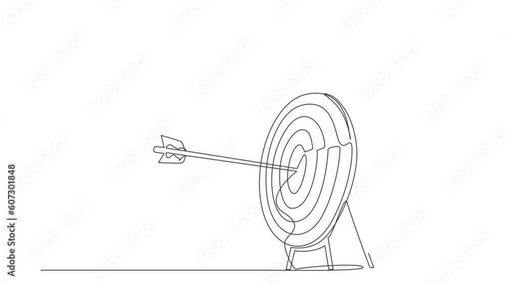 Poster animated self drawing of continuous line draw robots lean on huge target with arrow on target. moder