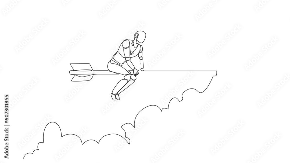 Poster self drawing animation of single line draw robots riding arrow with exact target. future technology 
