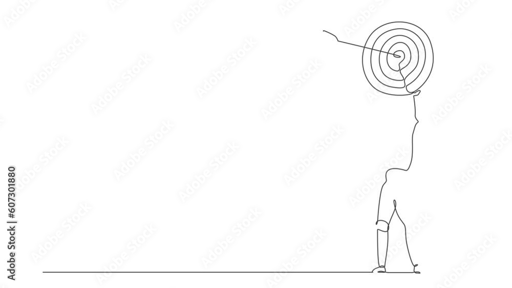 Poster self drawing animation of single line draw robot lifting up big target with accurate arrow. future d