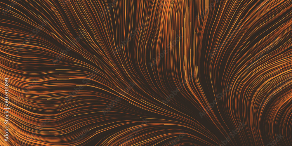 Poster orange and brown moving, flowing stream of particles in curving, wavy lines - digitally generated fu