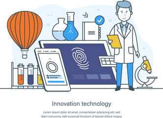 Innovation technology. Learning process, creativity, innovation, artificial intelligence. Innovation systems, development technologies and intuitive thinking thin line design of vector doodles