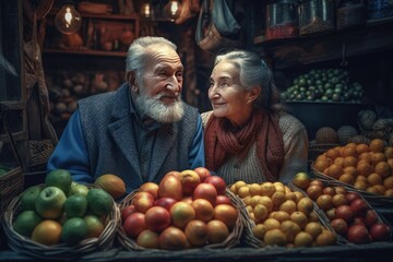 Proper Nutrition. Giving up bad habits, health, a strong body, Older age to be happy and cheerful and cheerful, Senior couple, old seniority, Healthy eating, fruits and vegetables.