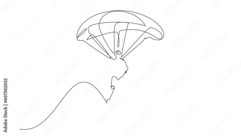 Poster animated self drawing of continuous line draw robots jump with parachute and holding target. humanoi
