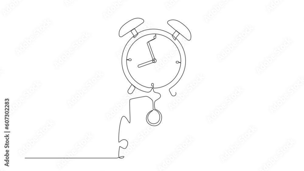 Poster animated self drawing of continuous line draw robot with alarm clock instead of head. future technol