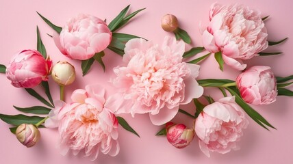 Spring peony flowers on pink pastel background Generative AI