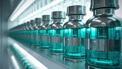 3D render of glass vials with medicine on shelf in pharmacy. Generative AI