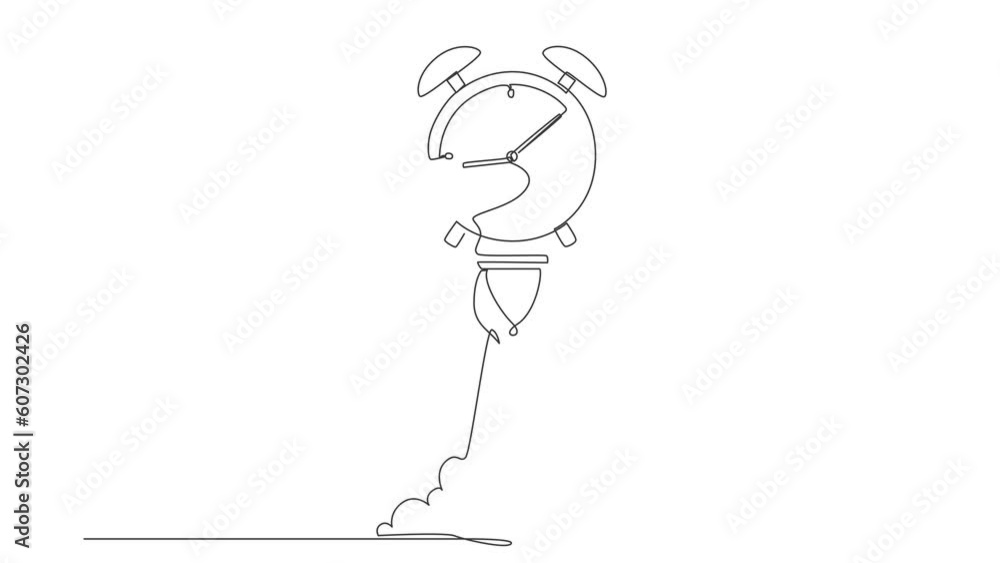 Poster self drawing animation of single one line draw rocket launch with big alarm clock. future developmen