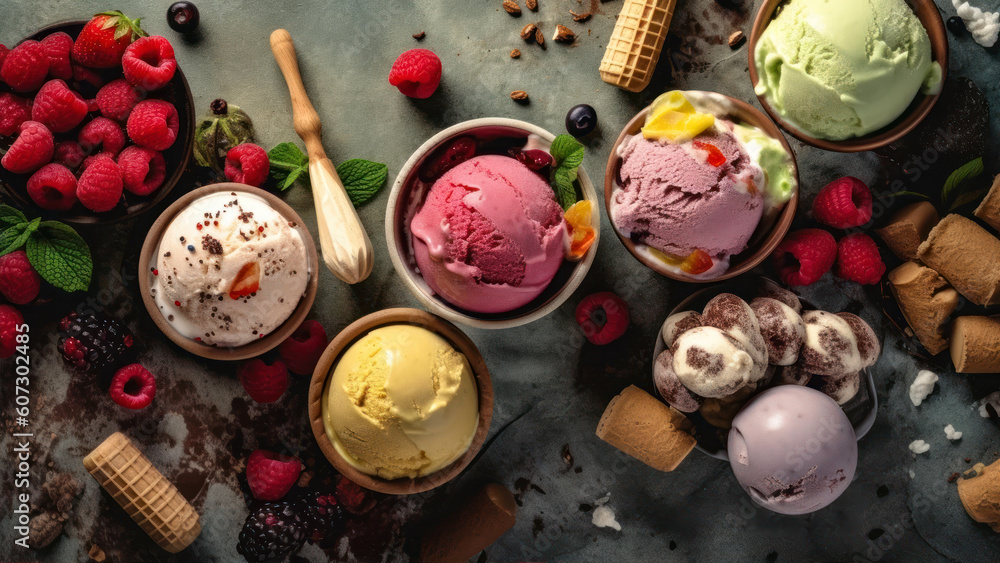 Poster top view of assorted ice cream scoops in bowls on stone background generative ai