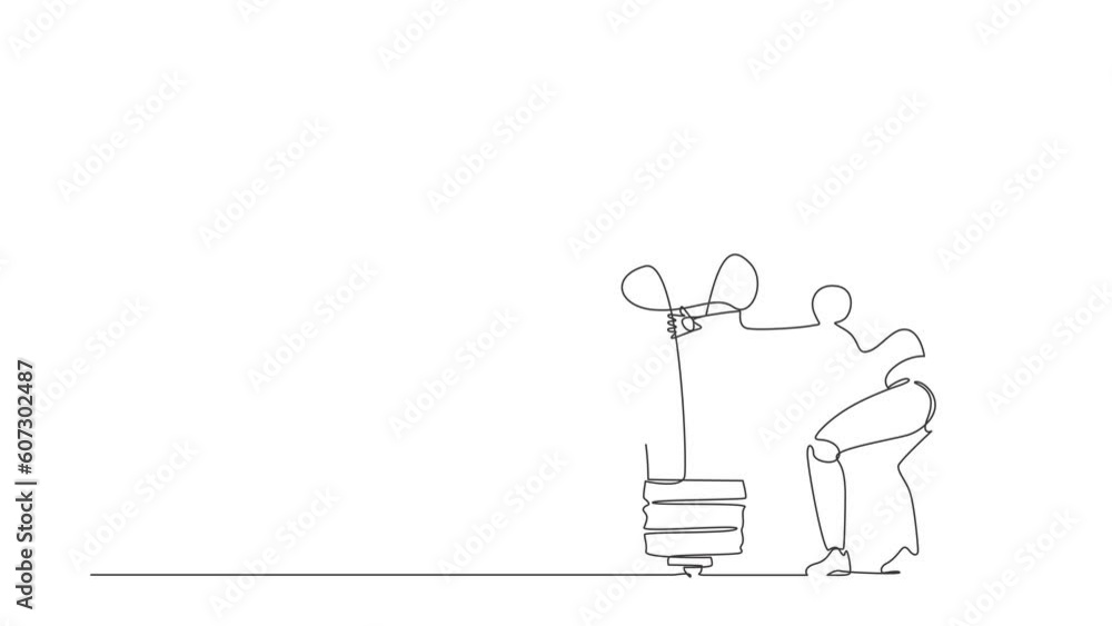 Poster animated self drawing of single continuous line draw robots hugging huge light bulb. modern robotics