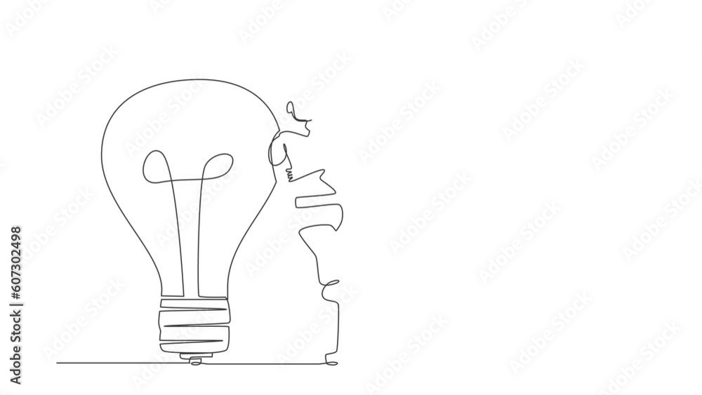 Poster self drawing animation of single one line draw robot lean on giant light bulb. future development. a