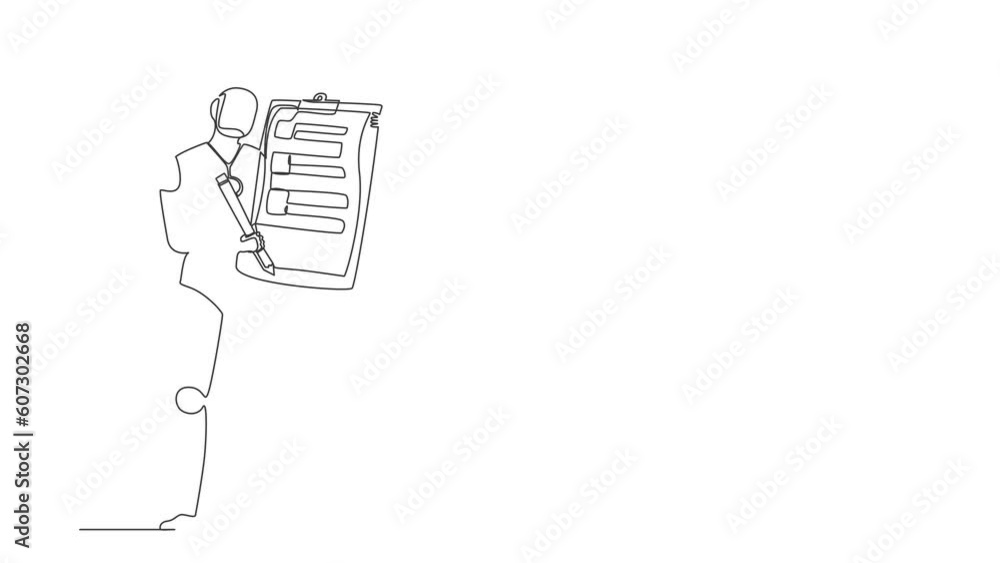 Poster self drawing animation of single one line draw robot holding clipboard with checklist. future techno