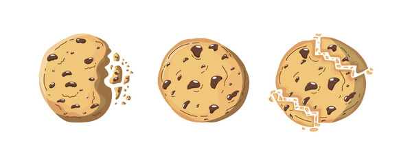 Traditional cookies with chocolate chips on top. vector illustration of a biscuit with crumbs, bitten and broken on a white background, vector illustration in flat cartoon style