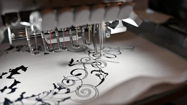 4k: Embroidery machine in progress, textile and Garment Manufacturers