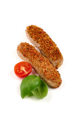Fried cevapcici, balkan sausages, isolated on white background.