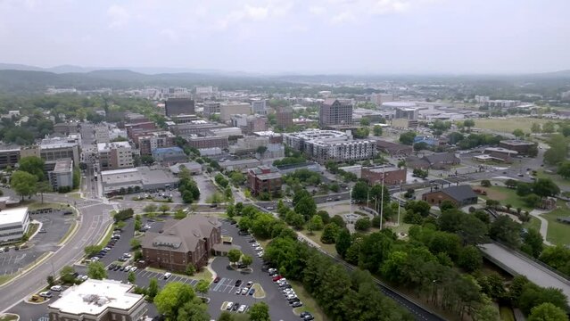 Huntsville, Alabama skyline with drone video moving left to right wide shot.