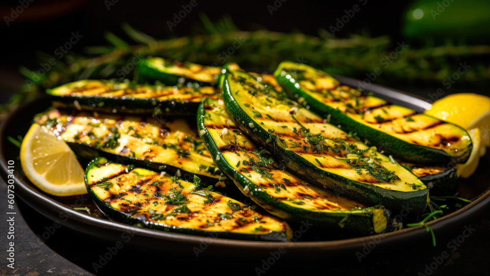 Poster grilled zucchini with herbs and spices on rustic background generative ai