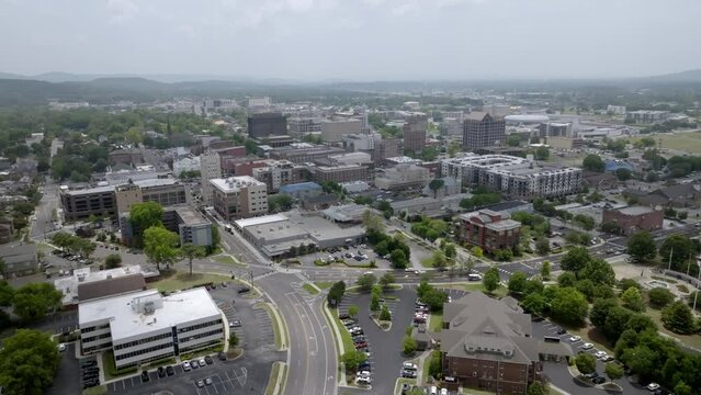 Huntsville, Alabama skyline with drone video moving in wide shot.
