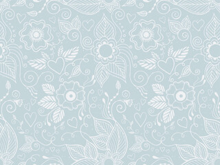Hand drawn Indian mehndi flowers and hearts with aging effect on light blue background. Seamless pattern vector illustration