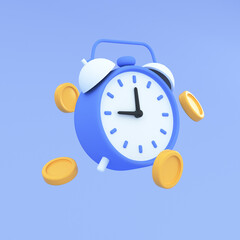 3D cartoon alarm clock icon with coins floating around. Time limit, business investments, earning,  financial saving, time management and deadline concept. 3d render illustration.
