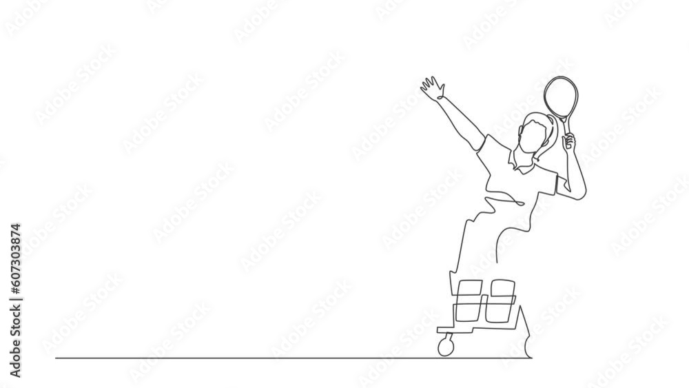 Poster self drawing animation of single line draw badminton player sitting on wheelchair with pose. disable