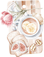 Wooden tray with sandwiches and lemon tea