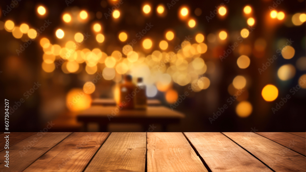 Poster background image of wooden table in front of abstract blurred restaurant lights generative ai