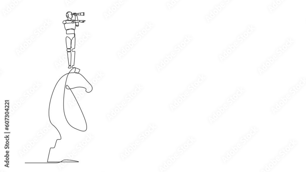 Poster animated self drawing of continuous line draw robots on top of big horse chess piece using binocular