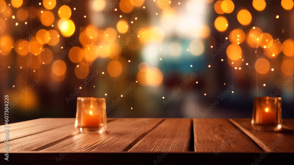 Poster background image of wooden table in front of abstract blurred restaurant lights generative ai