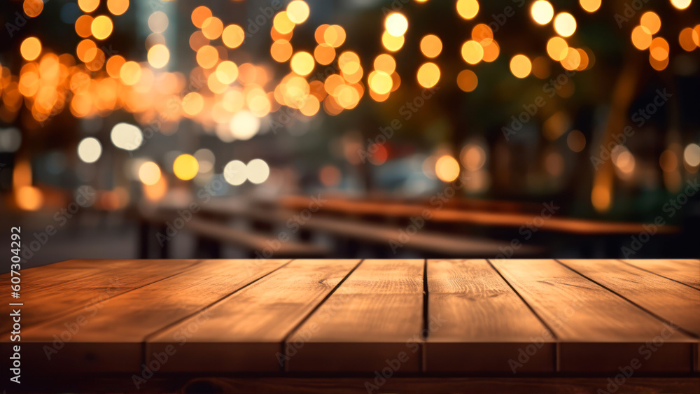 Poster wooden table in front of abstract blurred background with bokeh lights generative ai