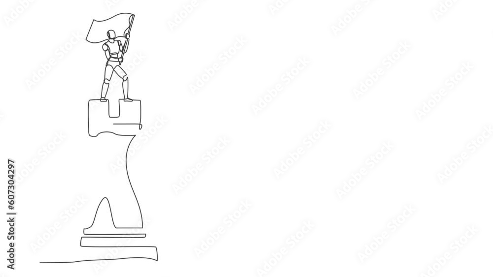 Poster self drawing animation of single line draw robot standing on top of rook chess waving flag. future t