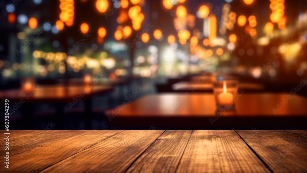 Poster wooden table in front of abstract blurred background with bokeh lights generative ai