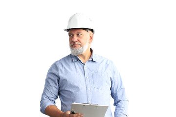 Mature architect wearing hardhat inspecting new building on a transparent background