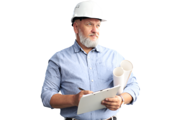 Confident mature business man in hardhat holding blueprint and looking away while standing on a transparent background