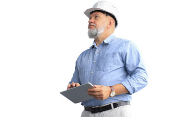 Mature architect wearing hardhat inspecting new building on a transparent background
