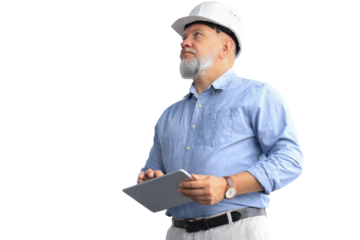 Mature architect wearing hardhat inspecting new building on a transparent background