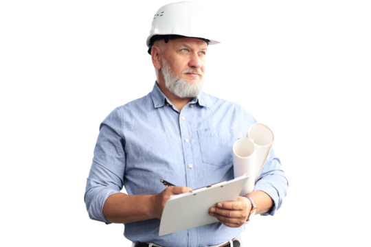 Confident mature business man in hardhat holding blueprint and looking away while standing on a transparent background - Powered by Adobe
