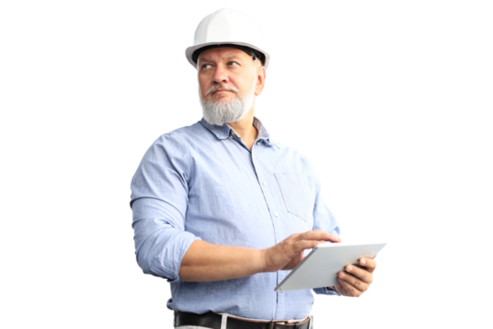 Mature architect wearing hardhat inspecting new building on a transparent background