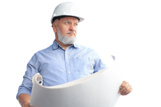 Confident mature architect in corporate suit and hardhat holding a blueprint and looking at it on a transparent background