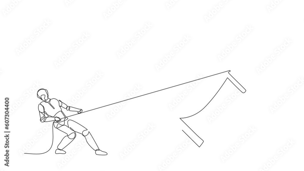 Poster animated self drawing of continuous line draw robots standing and pulling big king chess with rope. 
