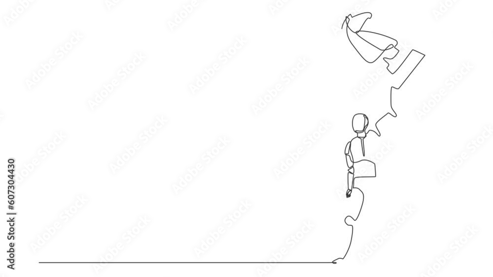 Poster animated self drawing of continuous line draw robot lifting up knight chess piece. modern robotics a