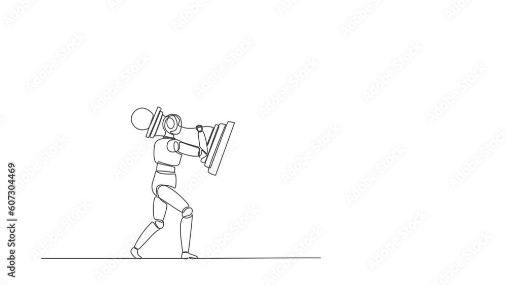 Poster self drawing animation of single line draw robot holding pawn chess piece to beat king chess. future