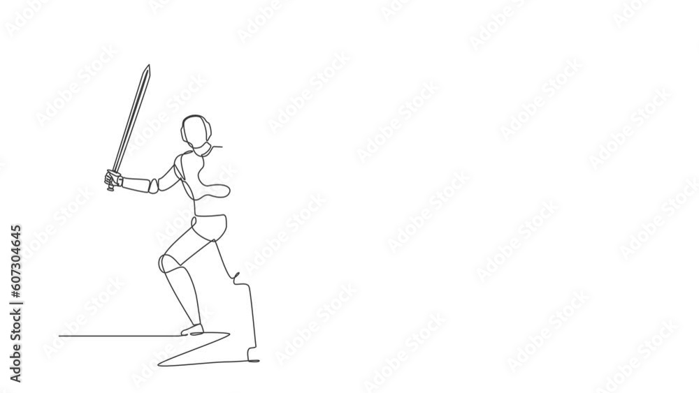 Poster self drawing animation of single line draw robot with sword shield furiously attacks. future technol