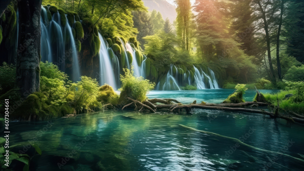 Poster waterfall in deep forest. panoramic view of beautiful waterfall in deep forest. generative ai