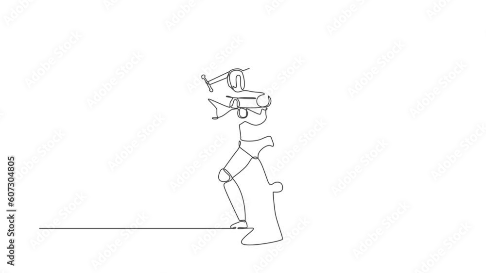 Poster animated self drawing of continuous line draw robots standing and swinging big sword gesture. humano