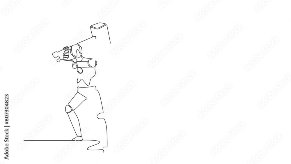 Poster animated self drawing of continuous line draw robot standing and swinging big hammer gesture. humano